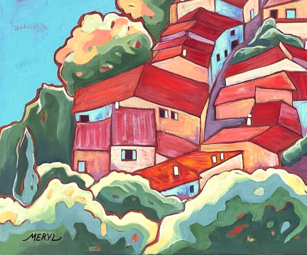 Village en Provence -Détail détail toits rouges Peinture - village perché en Provence - paysage de Provence