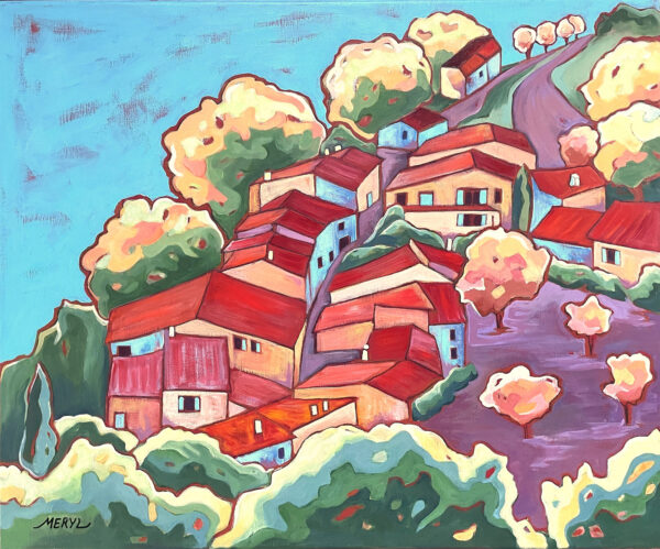 Village en Provence Peinture figurative - village perché en Provence - huile sur toile, par Meryl Artiste Peintre
