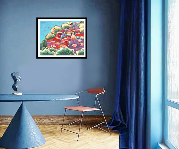 Village en Provence - In situ Village en Provence aux toits rouges accroché dans un bureau moderne bleu