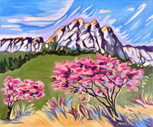 Arbres de Judée au pays de Pagnol Peinture figurative, arbres de Judée, bleu et rose, acrylique sur toile, par Meryl Artiste Peintre