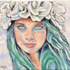 portrait de Jade, vert émeraude, fleurs dans les cheveux, peinture par Meryl artiste peintre