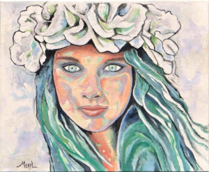 portrait de Jade, vert émeraude, fleurs dans les cheveux, peinture par Meryl artiste peintre