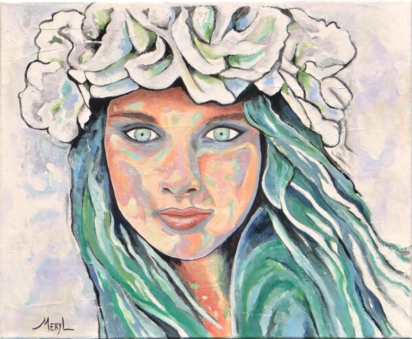 portrait de Jade, vert émeraude, fleurs dans les cheveux, peinture par Meryl artiste peintre