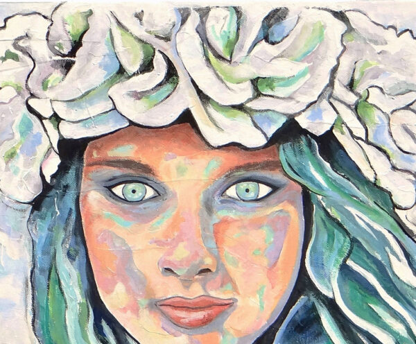 Détail du portrait de Jade, ver émeraude, Tahitienne, peinture par Meryl