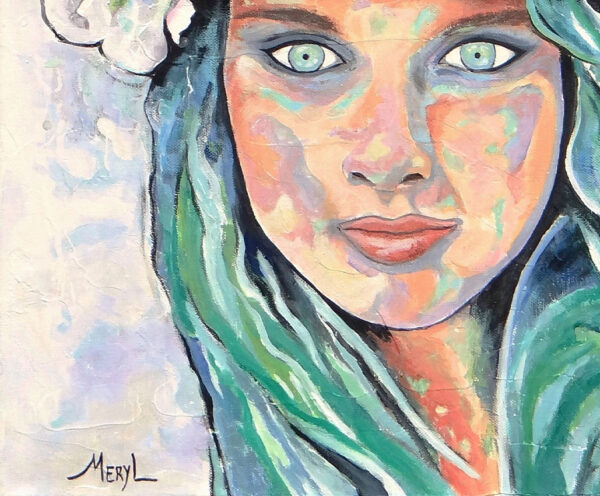 Détail du portrait de Jade, ver émeraude, Tahitienne, peinture par Meryl