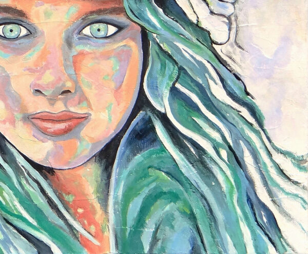 Détail du portrait de Jade, ver émeraude, Tahitienne, peinture par Meryl