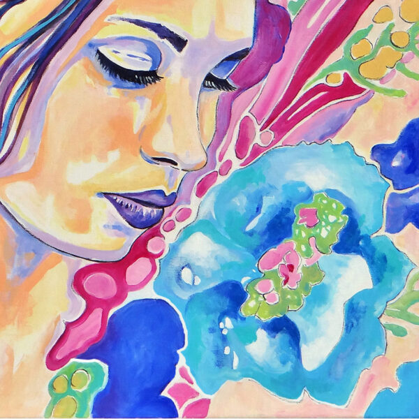 Détail environnement floral du portrait Jasmine, tableau acrylique sur toile, par Meryl