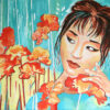 Peinture figurative, Kenja, vert d'eau et orangé, portrait, acrylique sur toile, par Meryl Artiste peintre