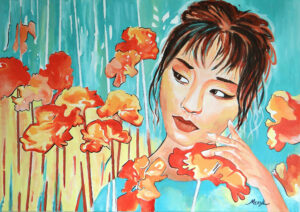 Kenja Peinture figurative, Kenja, vert d'eau et orangé, portrait, acrylique sur toile, par Meryl Artiste peintre
