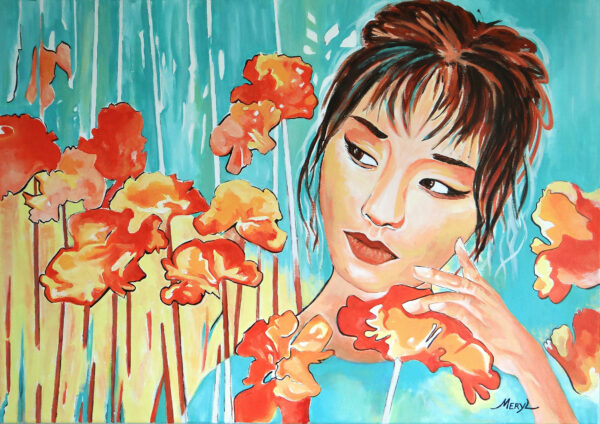 Peinture figurative, Kenja, vert d'eau et orangé, portrait, acrylique sur toile, par Meryl Artiste peintre