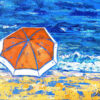 Peinture acrylique figurative, parasol orange sur la plage, par Meryl artiste peintre