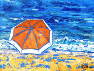 Peinture acrylique figurative, parasol orange sur la plage, par Meryl artiste peintre