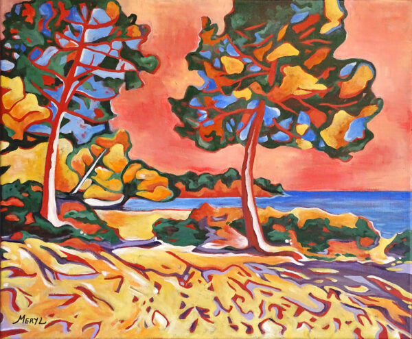 Peinture figurative, plage, orangé et jaune, huile sur toile, par Meryl Artiste Peintre