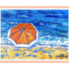 Peinture encadrée, parasol orange sur la plage, par Meryl artiste peintre
