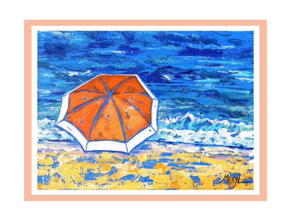 Peinture encadrée, parasol orange sur la plage, par Meryl artiste peintre
