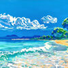 Peinture acrylique moderne, plage de rêve sur la Côte d'Azur, eau turquoise, par Meryl artiste peintre