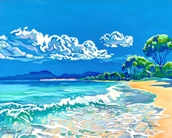 Peinture acrylique moderne, plage de rêve sur la Côte d'Azur, eau turquoise, par Meryl artiste peintre
