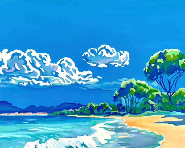 détail d'un tableau figuratif, une plage de rêve, eau turquoise, ambiance détente, par Meryl