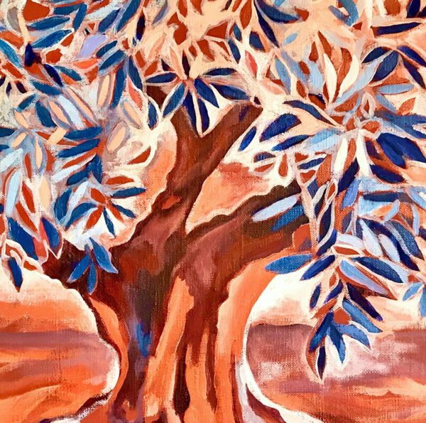 Tableau d'un olivier en Provence, ocre rouge, détail, acrylique sur toile par Meryl artiste peintre