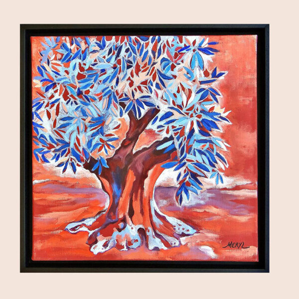 Tableau encadré d'un olivier en Provence, ocre rouge, acrylique sur toile par Meryl artiste peintre