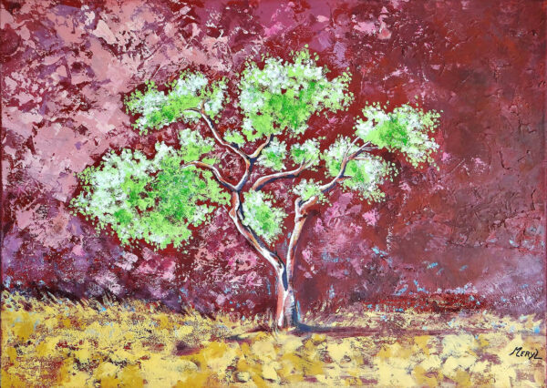 Tableau figuratif L'arbre de vie, accacia, vert, prune, acrylique, par Meryl artiste peintre