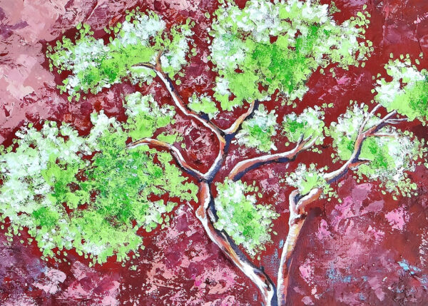 Détail du tableau L'arbre de vie, accacia, vert, prune, acrylique, par Meryl