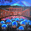 Peinture figurative, Paris, Palais royal, bleu et rouge, acrylique sur toile, par Meryl Artiste Peintre