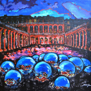 Le Palais Royal et sa fontaine Peinture figurative, Paris, Palais royal, bleu et rouge, acrylique sur toile, par Meryl Artiste Peintre