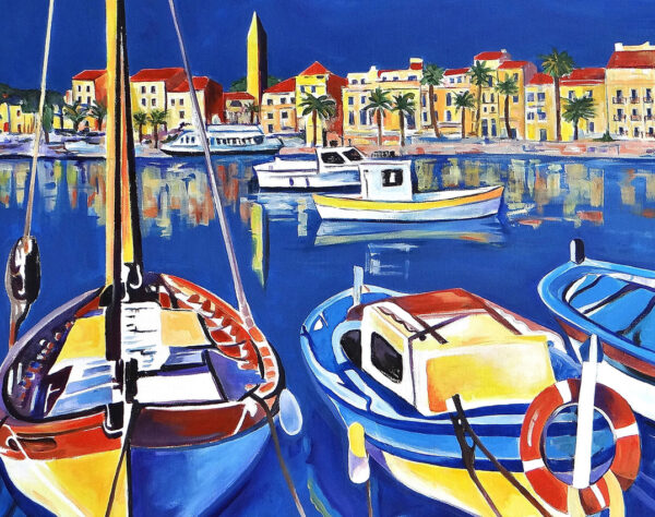 Peinture figurative Les bateaux colorés dans le port méditerranéen du Sanary sur mer, par Meryl