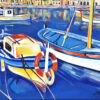 détail de la Peinture figurative Les bateaux colorés dans le port méditerranéen du Sanary sur mer, par Meryl