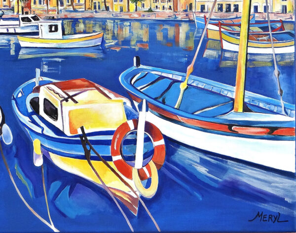 détail de la Peinture figurative Les bateaux colorés dans le port méditerranéen du Sanary sur mer, par Meryl