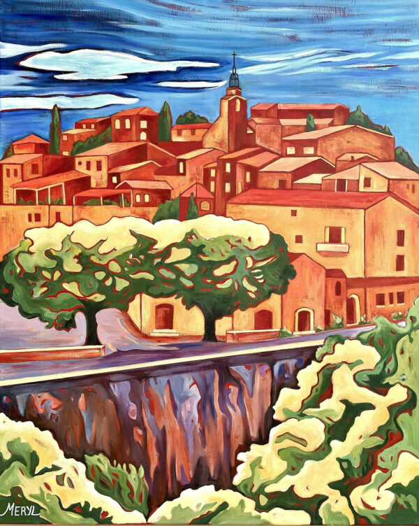 Peinture figurative, Le village de Roussillon en Provence, ocr rouge, acrylique sur toile, par Meryl Artiste Peintre