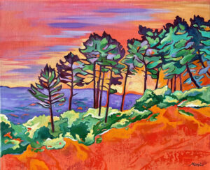 Peinture figurative vert et orange, Les ocres de Roussillon, huile sur toile, par Meryl Artiste Peintre