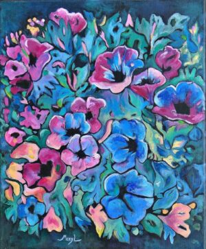 Peinture figurative, Mes pétunias, fleurs, bleu et rose, acrylique sur toile, par Meryl Artiste Peintre