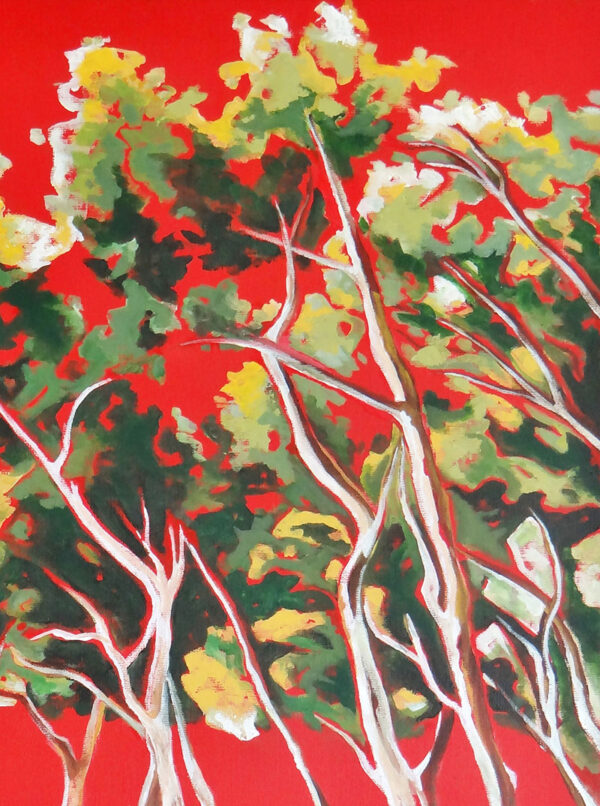 Détail du tableau les pins sur la colline, ciel vermillon, Provence, par Meryl artiste peintre