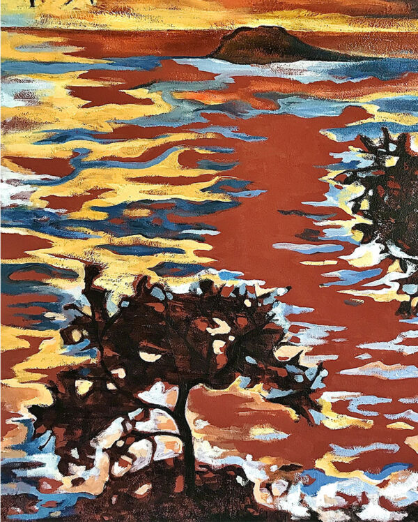 détail de la toile L'île rousse au large de Bandol, peinture figurative de Meryl artiste peintre