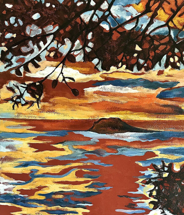 Détail de la peinture L'île rousse au large de Bandol, peinture figurative de Meryl artiste peintre