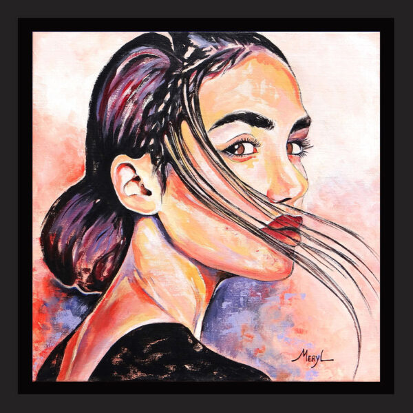 Portrait encadré de Manuella, belle brune, peinture acrylique sur toile par Meryl