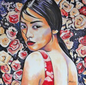 Naomi Peinture figurative Naomi rouge et orangé, acrylique sur toile, par Meryl Artiste Peintre