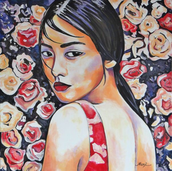 Peinture figurative Naomi rouge et orangé, acrylique sur toile, par Meryl Artiste Peintre