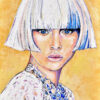 Peinture figurative, Natalia, bleu et blanc, portrait, acrylique sur toile, par Meryl Artiste peintre