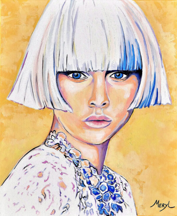 Peinture figurative, Natalia, bleu et blanc, portrait, acrylique sur toile, par Meryl Artiste peintre