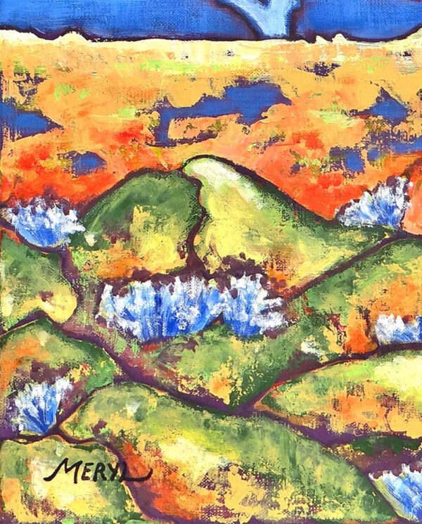 Détail de peinture, arbre orange dans un paysage de landes, par Meryl