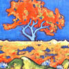 Détail de peinture, arbre orange dans un paysage de landes, par Meryl artiste peintre