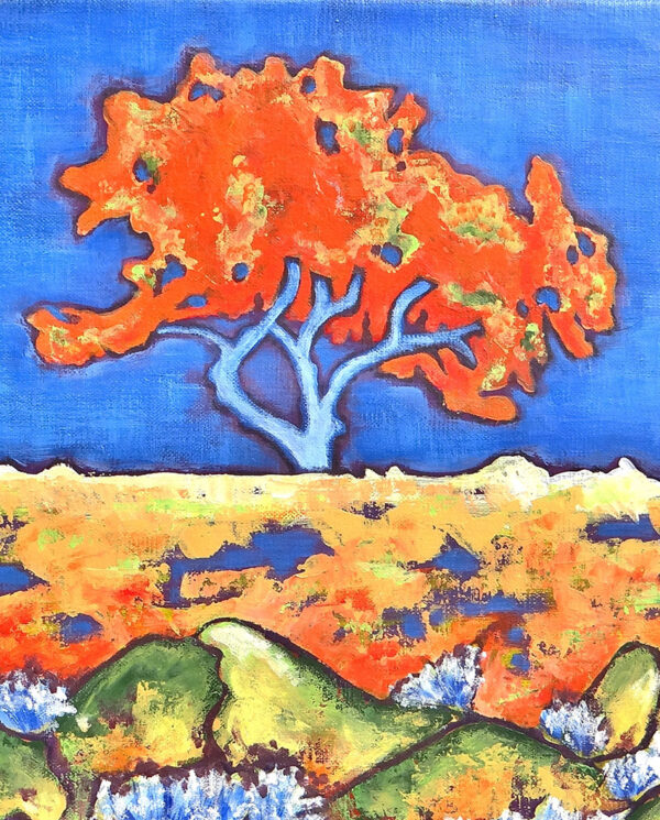 Détail de peinture, arbre orange dans un paysage de landes, par Meryl artiste peintre