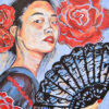 Détail Tableau, danseuse japonaise de tango, fleurs rouges, éventail, par Meryl