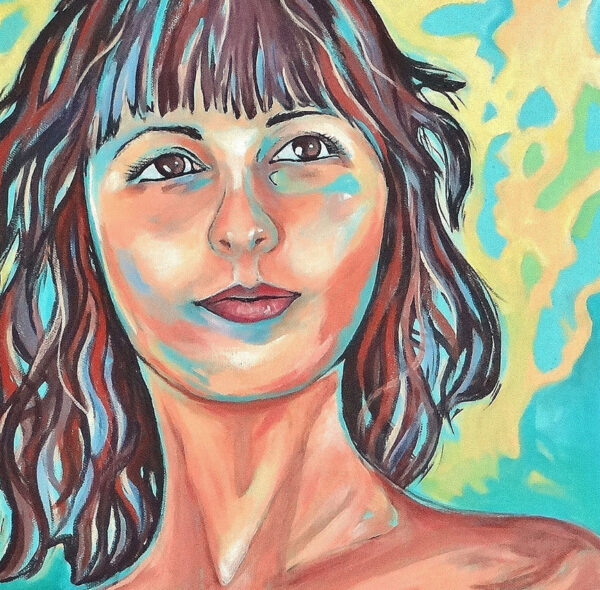 Détail du portrait d'une jeune femme, ambiance caraïbes, peinture contemporaine, par Meryl