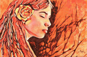 Portrait de profil de Pauline, rose orange dans les cheveux, tableau par Meryl artiste peintre