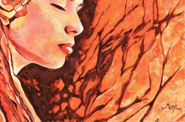 Profil de Pauline, détail ambiance orange, peinture par Meryl