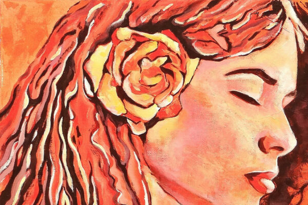 Portrait de Pauline, profil avec rose sur l'oreille, ambiance orange, peinture par Meryl